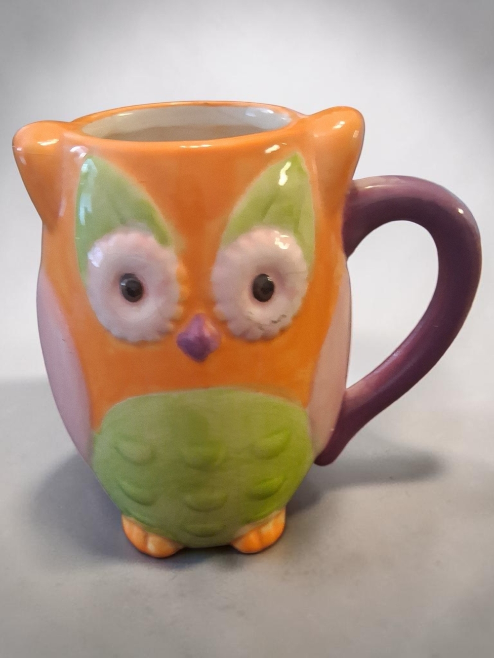 colorful ceramic mug an owl Shaped With distinct purple handle